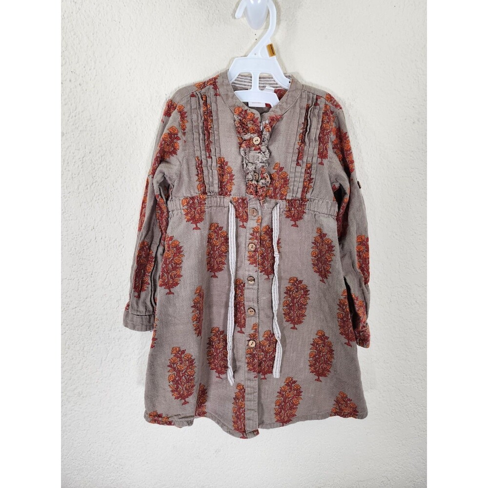 Yo Baby Girls Dress Size 4 Tan Orange Floral Block Print Cotton Boho Tunic